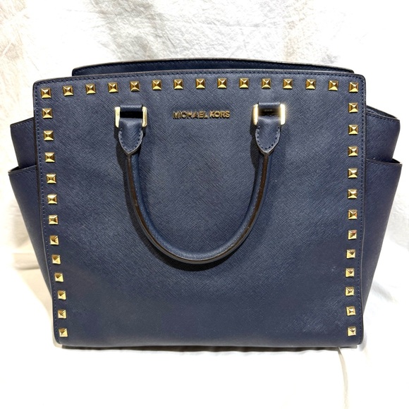 Michael Kors Handbags - Michael Kors Selma Leather Navy Blue Gold Studded Satchel Handbag Tote XL $428